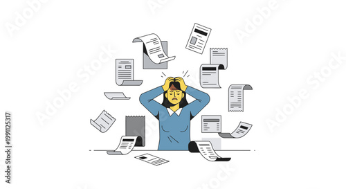 Woman Frustrated by Scattered Invoices and Receipts Flat Minimalist Vector Illustration