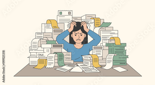 Woman Frustrated by Receipt Pile and Tax Forms Flat Five Color Minimalist Vector Illustration
