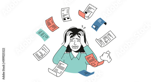 Woman Frustrated by Scattered Receipts and Invoices Flat Minimalist Vector Illustration