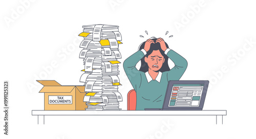 Woman Frustrated by Receipt Pile During Tax Filing Flat Minimalist Vector Illustration