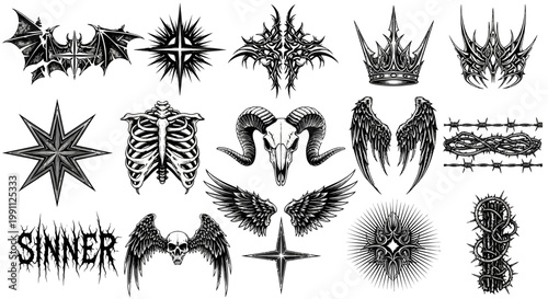 Schilderij op canvas Collection of gothic and dark art elements, featuring skulls, wings, stars, and