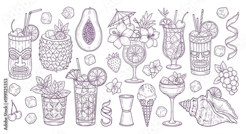 Hand-drawn collection of tropical summer cocktails, exotic drinks, fruits, and beach elements in a monochrome outline vector style, perfect for vibrant designs