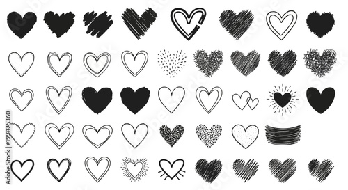 Quadro su tela A diverse collection of hand-drawn heart shapes and icons, perfect for expressin