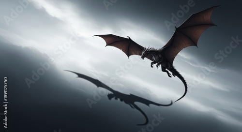 A dramatic dragon flying in the sky with its shadow visible below