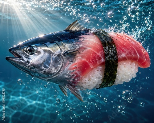 Fisch verwandelt sich unter Wasser in Thunfisch-Nigiri
Kreative Unterwasser-Komposition mit Fisch, der sich surreal in Thunfisch-Nigiri verwandelt, umgeben von Lichtstrahlen und Luftblasen.