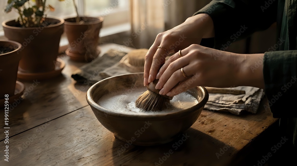 Fototapeta premium Hands mixing flour in wooden bowl on rustic kitchen table with warm natural lighting for baking and cooking preparation.