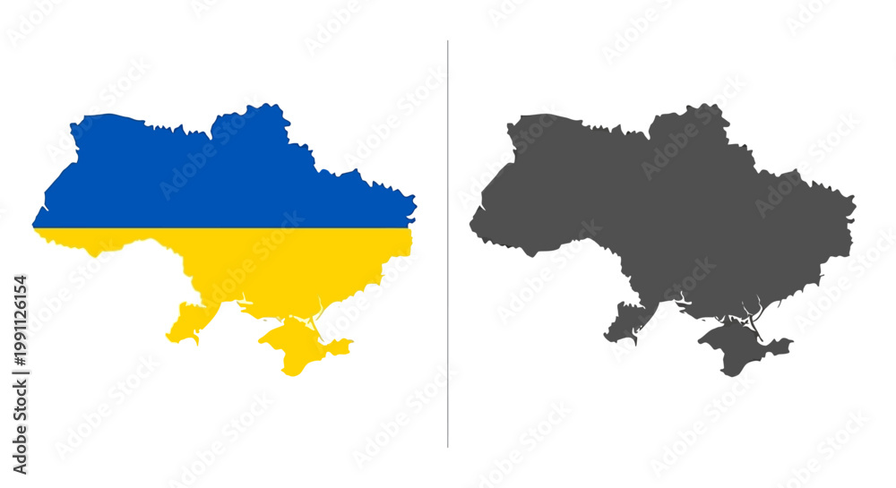 Fototapeta premium Outline map of Ukraine in national colors and its silhouette isolated on white background, country graphic