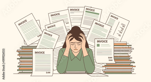 Woman Stressed Holding Head While Reviewing Messy Invoices Flat Minimalist Vector Illustration