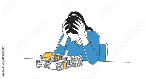 Frustrated woman holding head reviewing receipt bundles vector illustration