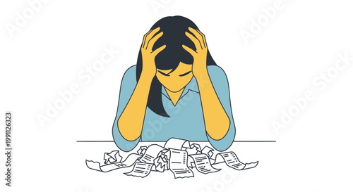 Woman holding head sorting crumpled receipts frustrated vector illustration