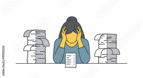 Frustrated woman holding head reviewing receipt stacks vector illustration