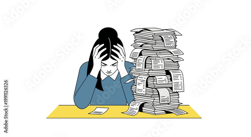 Woman holding head frustrated reviewing receipt pile vector illustration