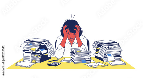 Frustrated woman holding head while sorting messy invoices vector illustration