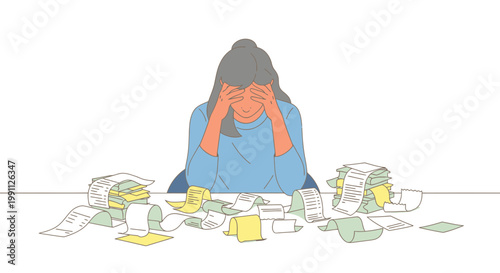Woman holding head sorting messy receipt piles frustrated vector illustration
