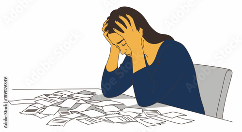Frustrated woman holding head while sorting messy receipts vector illustration