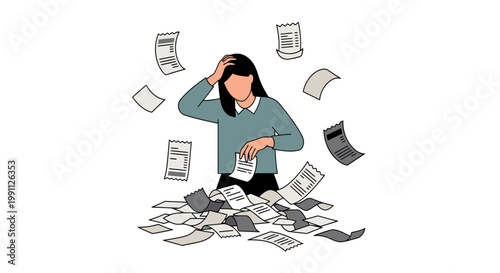 Woman holding head sorting receipt chaos frustrated vector illustration