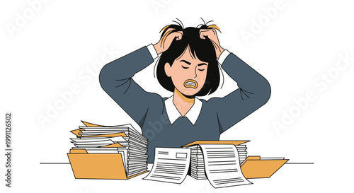 Woman Pulling Hair While Reviewing Messy Invoices Flat Minimalist Vector Illustration