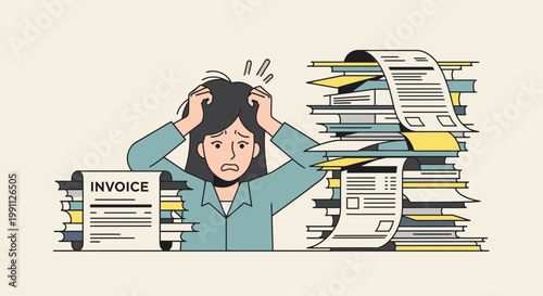 Woman Pulling Hair Surrounded by Invoice Pile Flat Minimalist Vector Illustration