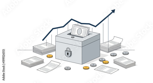 Financial security and investment growth concept with locked box and rising graph