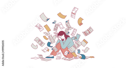 Woman Overwhelmed by Scattered Receipts and Invoices Flat Minimalist Vector Illustration