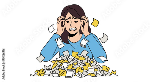 Woman Stressed by Crumpled Receipts During Tax Season Flat Minimalist Vector Illustration