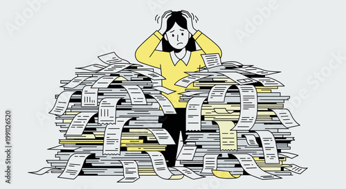 Woman Overwhelmed by Receipts and Financial Documents Minimalist Vector Illustration