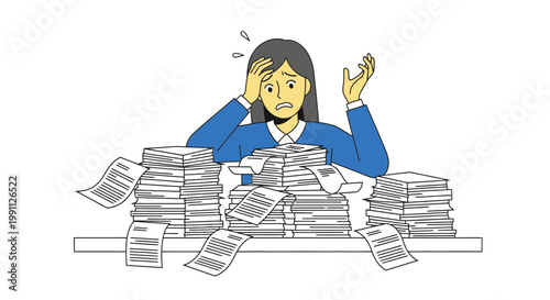 Woman Stressed by Messy Invoice Bundles Flat Minimalist Vector Illustration