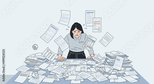 Woman Stressed by Messy Financial Papers Flat Minimalist Vector Illustration