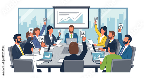 Business team voting in conference room meeting with data charts