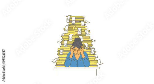 Woman Overwhelmed by Tax Paperwork and Receipt Bundles Vector Illustration