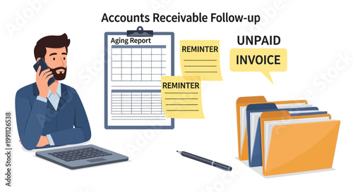 Businessman managing accounts receivable with invoices and reports