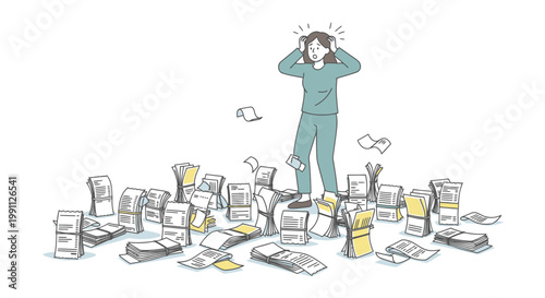 Woman Overwhelmed by Scattered Receipt Bundles Flat Minimalist Vector Illustration