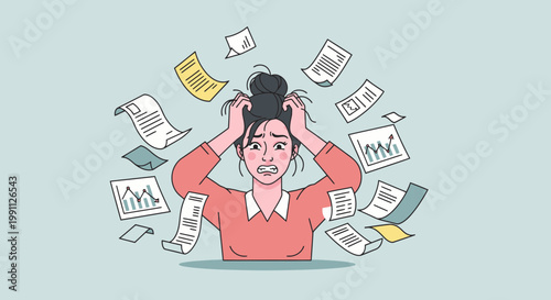 Woman Pulling Hair Frustrated by Scattered Financial Paperwork Vector Illustration