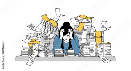 Woman Stressed by Messy Receipt Bundles Flat Minimalist Vector Illustration