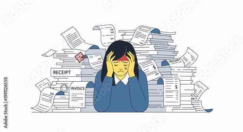 Woman Stressed by Messy Receipt Piles and Invoices Flat Minimalist Vector Illustration