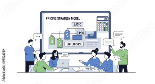 Collaborative office brainstorm on pricing strategy model with interactive whiteboard