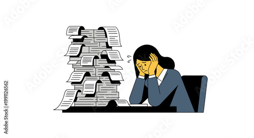 Woman Stressed by Messy Receipt Stacks Flat Minimalist Vector Illustration