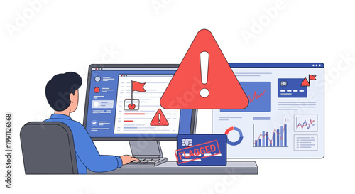 Man at desk monitoring online security alerts and data insights on computer screens