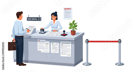 Customer service desk interaction with queue and staff in office environment