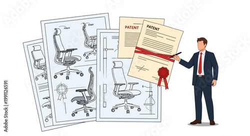 Businessman presenting office chair patent drawings with modern design