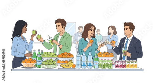 Office team enjoying healthy snacks in a modern break room
