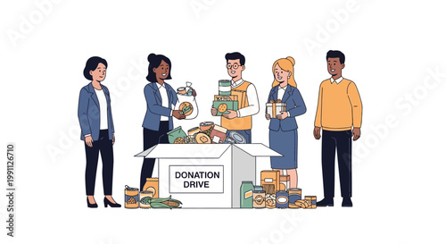 Diverse group participating in food donation drive with box of canned goods
