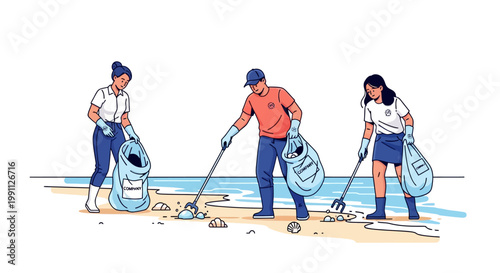 Volunteers cleaning beach: environmental conservation efforts in action