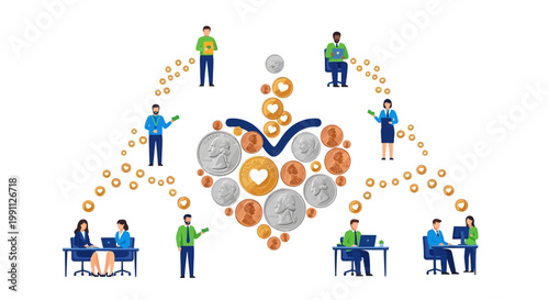 Teamwork and financial success concept with diverse business professionals and money symbols