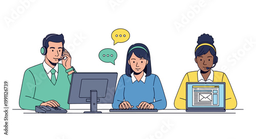 Team of customer service representatives in a flat style call center illustration