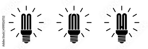 Set of energy-saving fluorescent light bulb icons in black silhouette. Perfect for EPS, JPG, and PNG formats for web and graphic design projects.