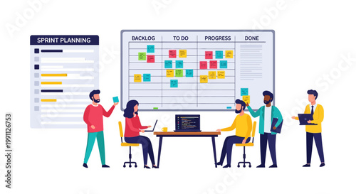 Team collaboration in agile workflow with kanban board and sprint planning