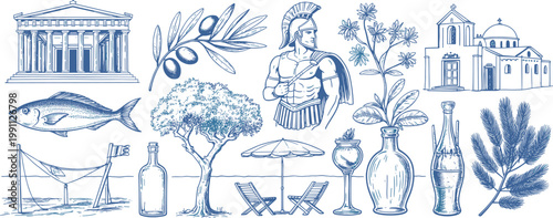 Collection of blue ink depicting ancient greek architecture and mediterranean ancient greece temple church