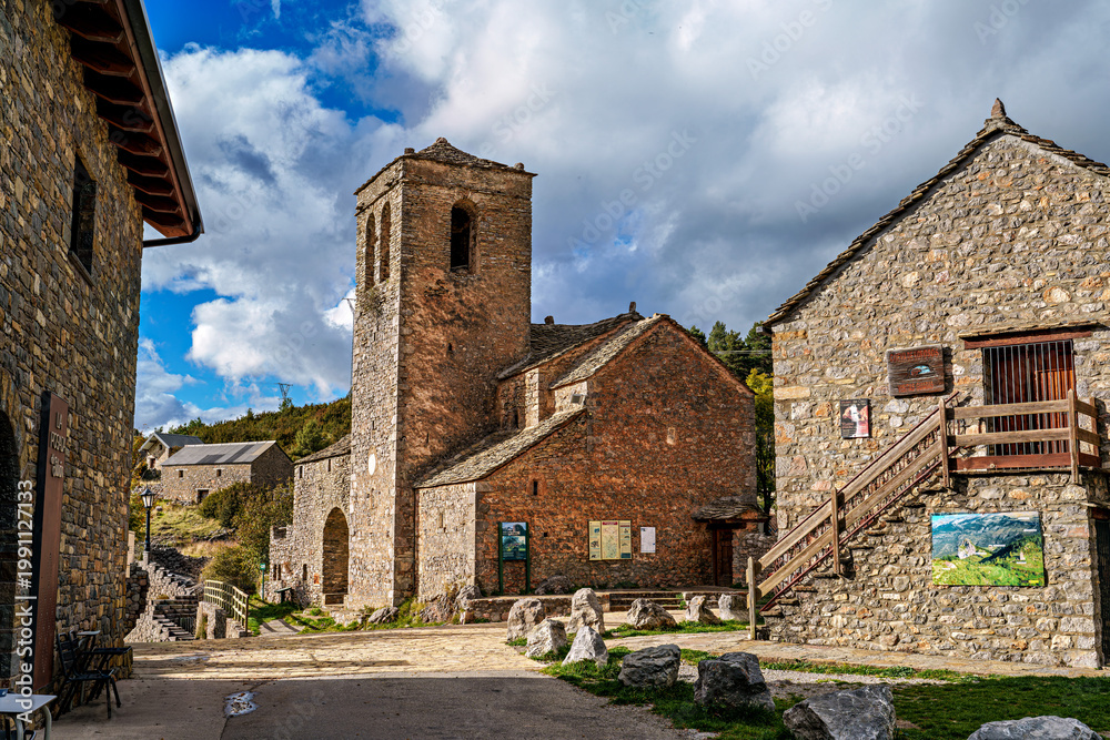 Naklejka premium The Main Facade of the Church of San Martin de Tella in Tella, Huesca, Aragon, Spain.