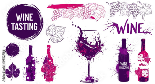 Collection of wine tasting illustrations and elements wine bottles, glasses, grapes, and leaves in a grunge, artistic style